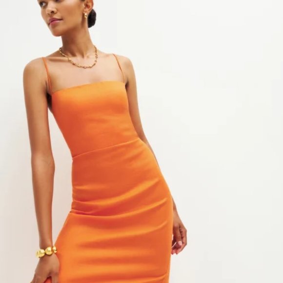 NWOT Reformation Frankie Linen Dress in Citrus Orange Maxi - Picture 2 of 7